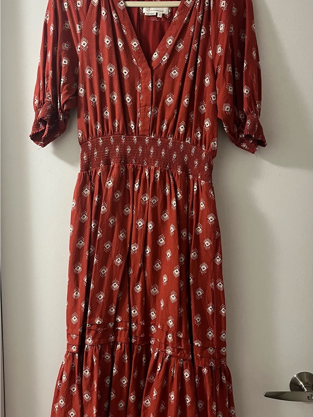 Anthropologie Rust Red Printed Maxi Dress with Smocked Waist